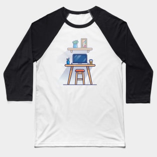 Table, Chair, Laptop, Cup, Stationary, Plant, And Picture Cartoon Baseball T-Shirt